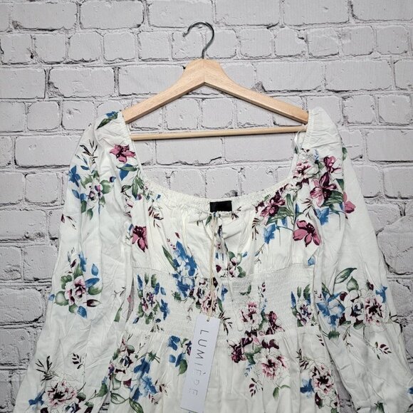 Lumiere Ivory Floral Print Peasant Decollete Top Defined Waist Dress NWT Size S - Picture 2 of 12